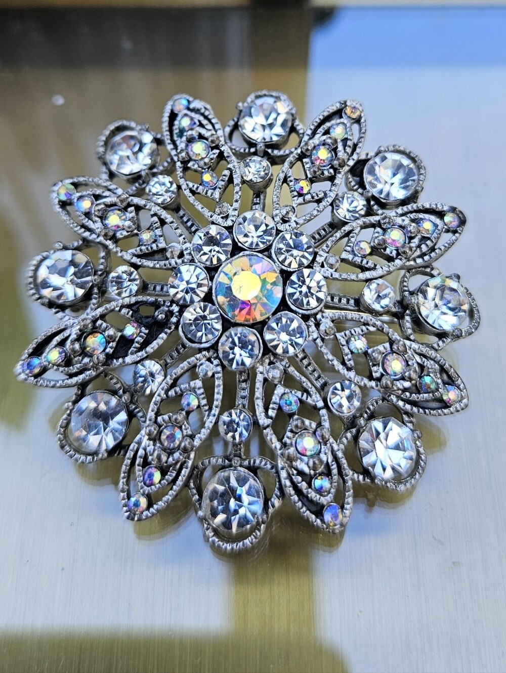MONET Aurora Borealis Crystal Brooch -signed Vintage